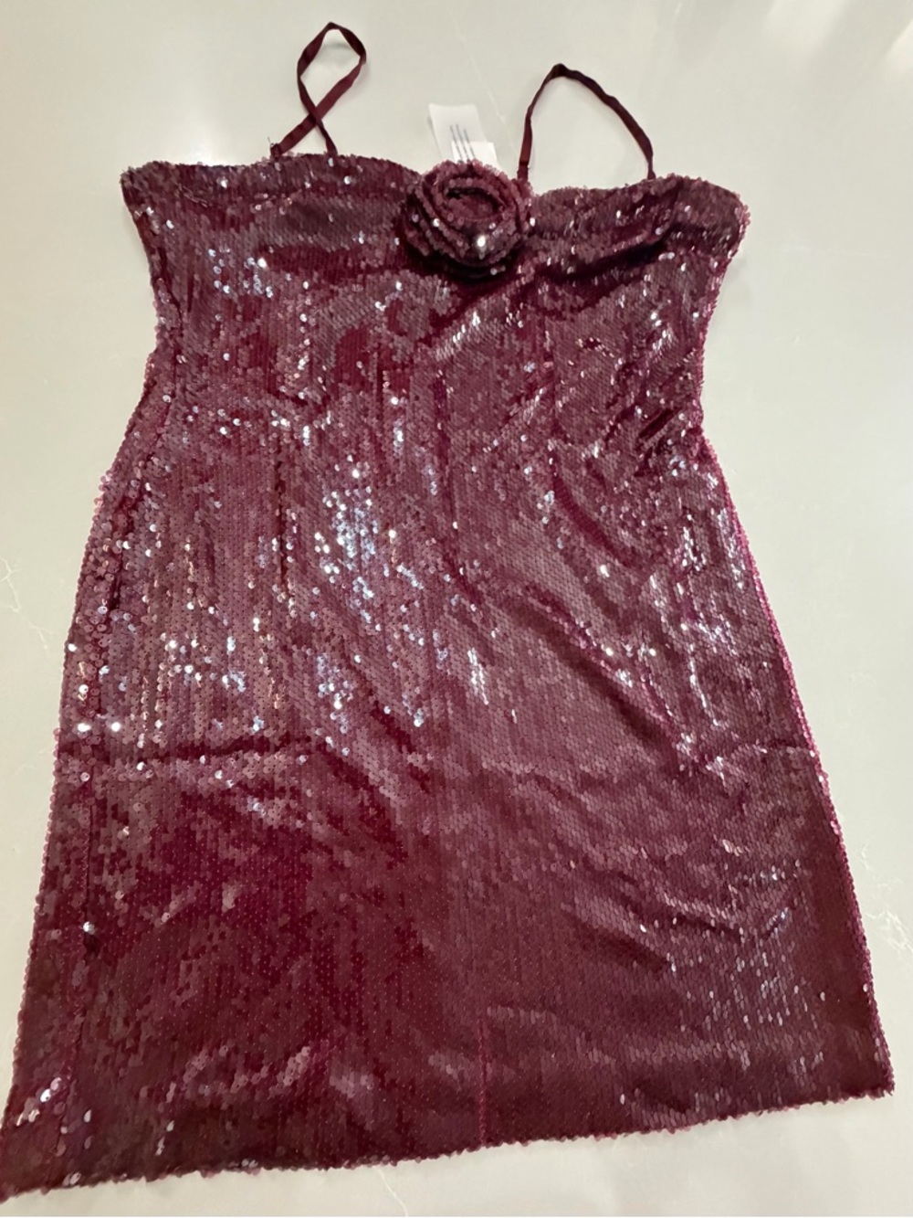 French Connection Burgundy Sequin Slip Dress with Rosette, 14. Missing Sequins!